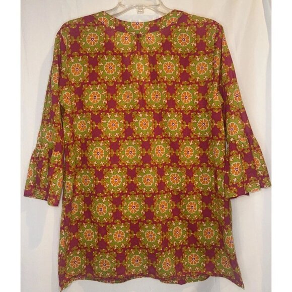 J CREW Women’s Colorful Retro Cotton V Neck Bell Sleeve Pullover Blouse Top Sz M - Picture 4 of 7